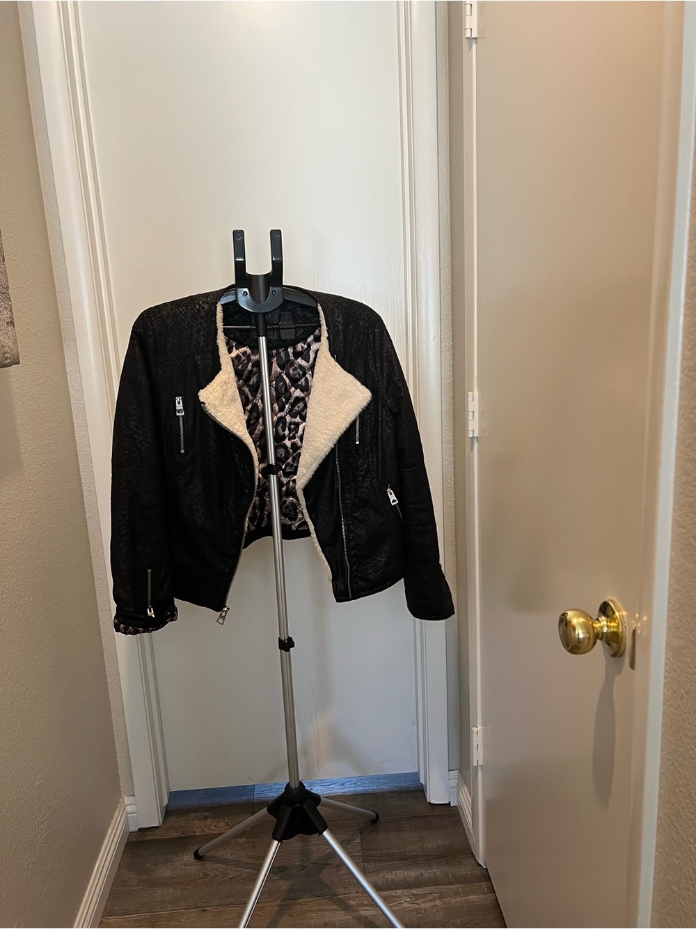 Guess Black Moto Jacket with Cream Shearling Trim